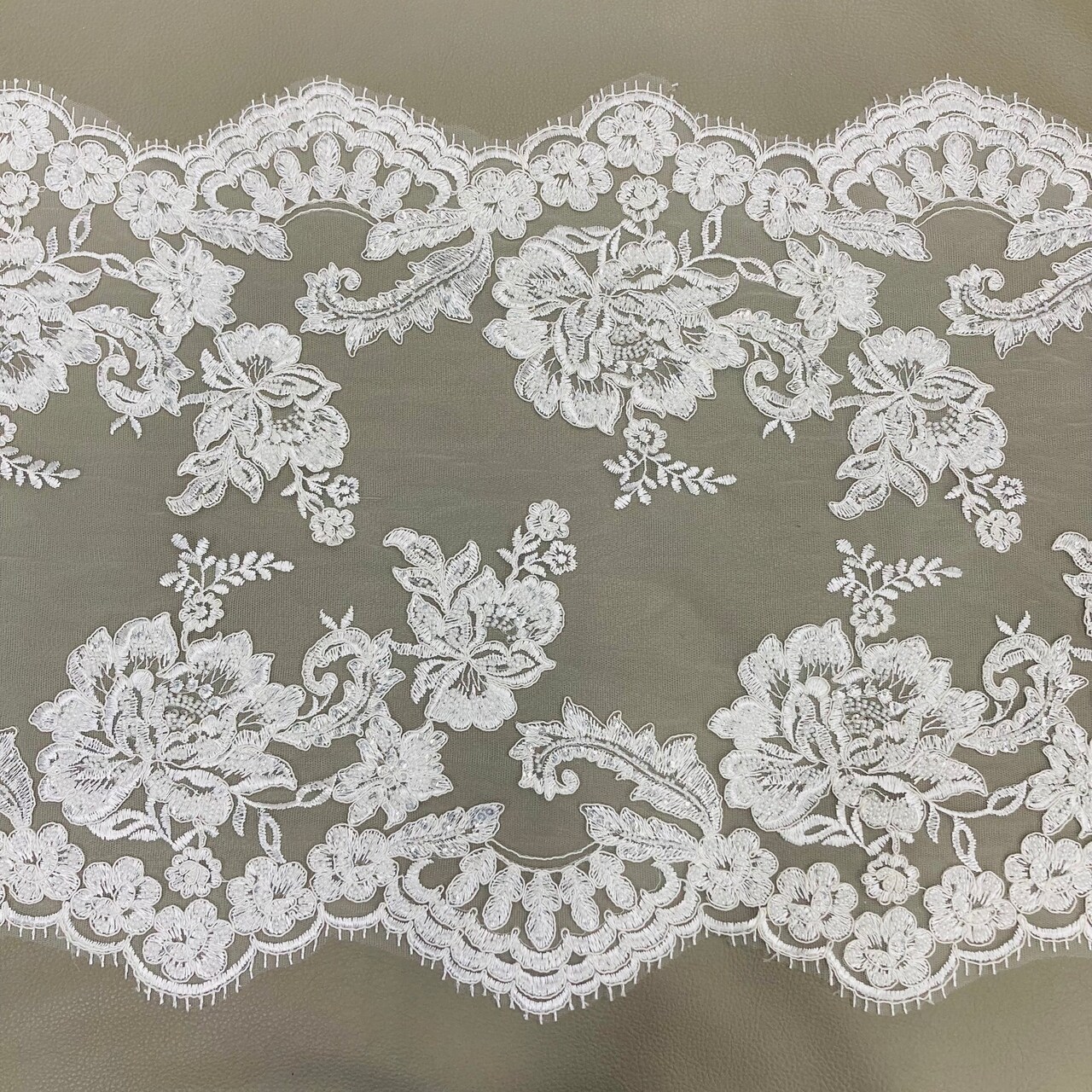 1 Yard Double Sided Beaded Floral Lace Trimming Corded Embroidered on 100% Polyester Net Mesh 17.5" Wide